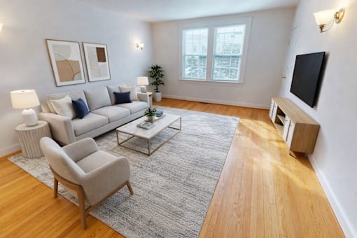 A living room with a grey rug, a grey sofa, a grey armchair, a wooden coffee table, a white lamp, a black TV, a plant, and two framed pictures on the wall.