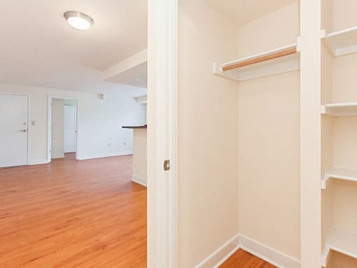 hallway view of large closet with shelving and living area with wood flooring at t street apartments in washington dc