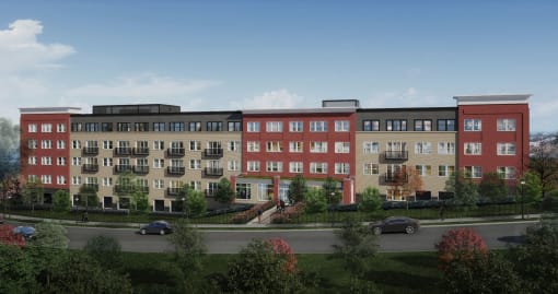 a rendering of a four story apartment building with a street in front of it