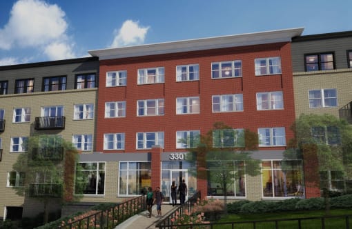 a rendering of a large brick building with people walking in front of it