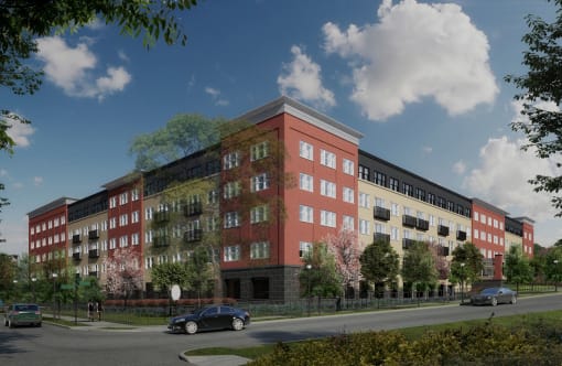 a rendering of a five story apartment building with a red brick facade and a black and white