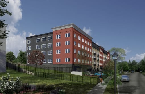 a rendering of a four story apartment building with a sidewalk and grassy area in front of