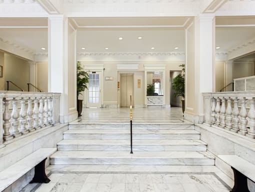 lobby stairs to elevators at the norwood apartments in adams morgan washington dc