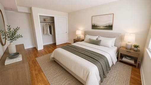 A bedroom with a large bed and a painting on the wall.