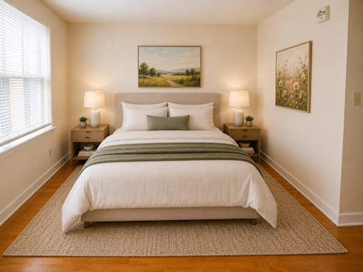 A bedroom with a large bed and two lamps.