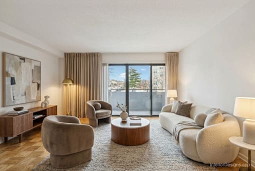 A modern living room with a large window and a view of a cityscape.