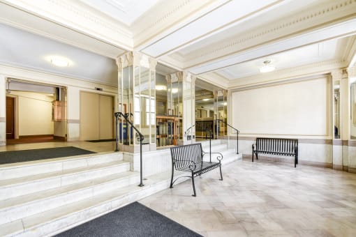 lobby lounge with social seating at wakefield hall apartments in u street washington dc