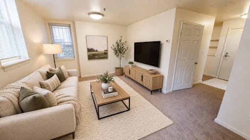 A living room with a couch, coffee table, and a television.