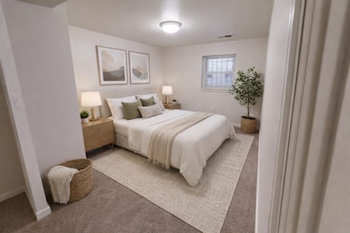 A bedroom with a large bed, two lamps, and a plant.