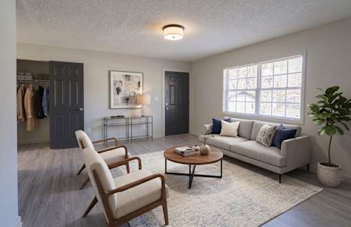 A living room with a grey couch, a chair, a coffee table, and a potted plant.