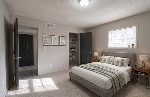 A bedroom with a bed, nightstand, and a window.