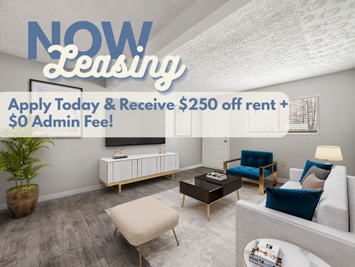 A living room with a leasing offer.