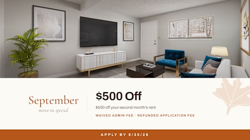 A living room with a September move-in special offer.
