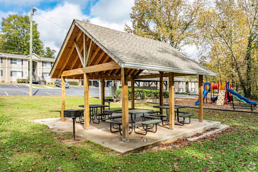 Wooden pavilion with a picnic tables at Eastlake Gardens in Decatur, Georgia 30032.