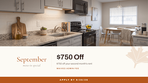 A kitchen with a September promotion offering $750 off the second month's rent.