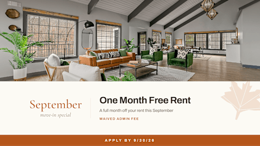 September move in special one month free rent at Fields at Peachtree Corners Apartments, Norcross, GA