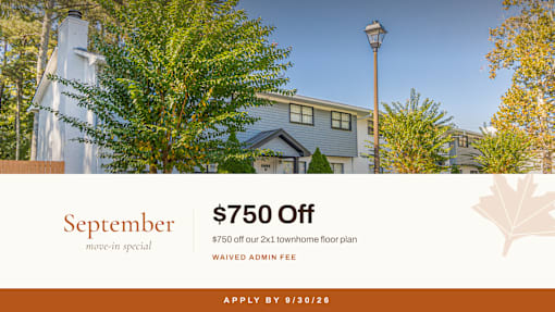 A promotional image for a September move-in special offering $750 off a 2x1 townhome floor plan.