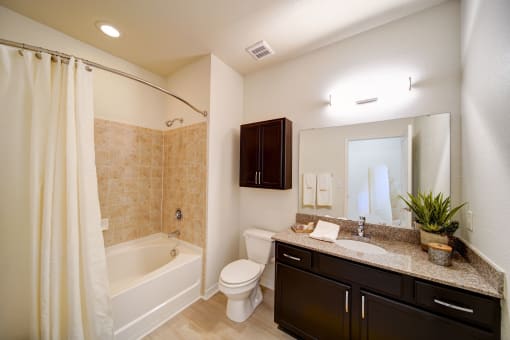bathroom with soaking tub and granite countertops