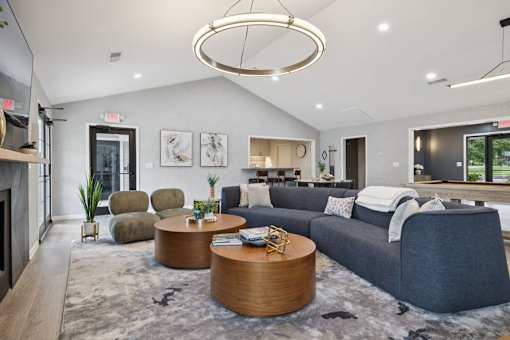 A modern living room with a grey sofa, a wooden coffee table, and a grey rug.