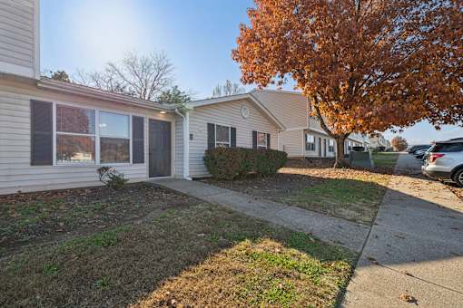 A tree with orange leaves is in front of a house.