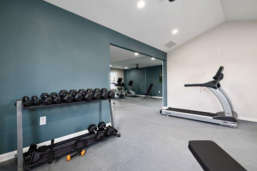 A gym with a treadmill, weights, and a mirror.