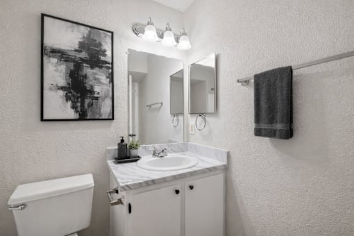 A bathroom with a toilet, sink, mirror, and a painting on the wall.