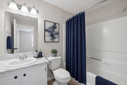 A bathroom with a white sink and toilet, a blue shower curtain, and a framed picture on the wall.