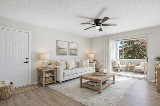 A living room with a white door, a white couch, a wooden coffee table, and a ceiling fan.