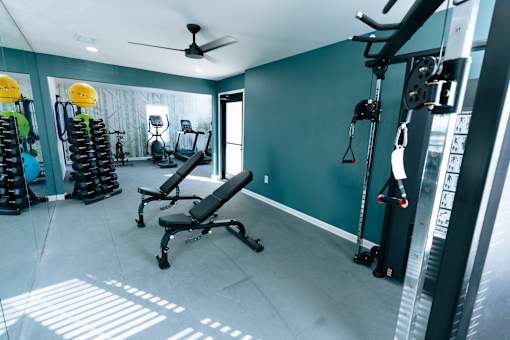 A gym with a variety of equipment including a rowing machine, a bench press, and a squat rack.
