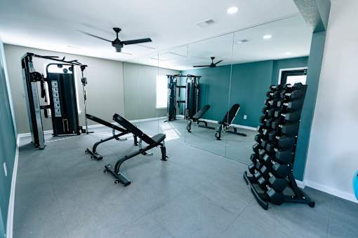 A gym with a variety of equipment including a squat rack, bench press, and a mirror.