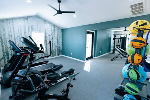 A gym with a row of treadmills and exercise balls.