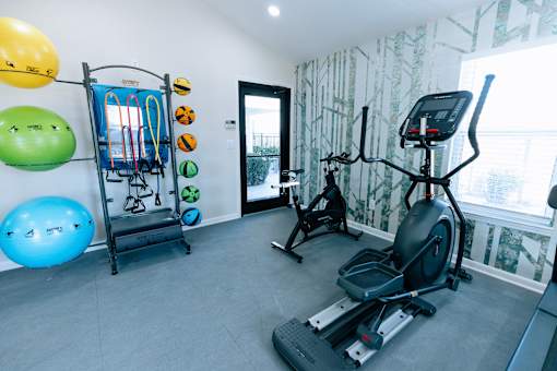 A home gym with a variety of equipment including a treadmill, exercise ball, and resistance bands.