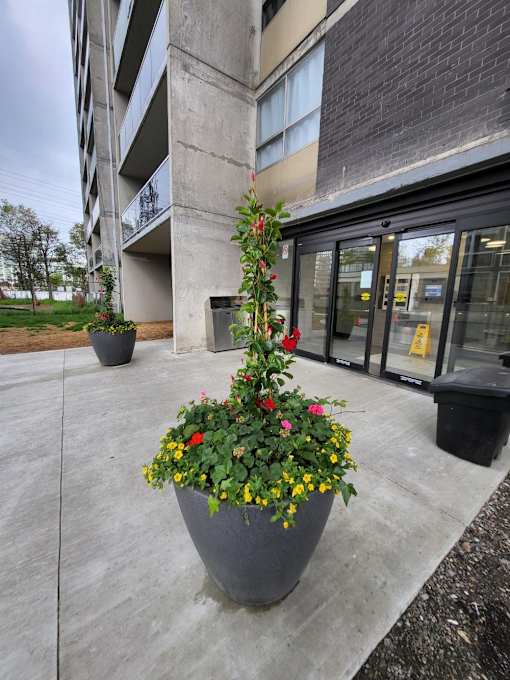 A grey planter with red and yellow flowers sits in front of a building.