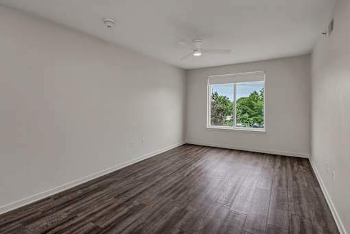 A room with wooden flooring and a window showing greenery outside.