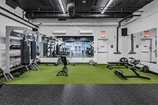 A gym with a green floor and white walls.