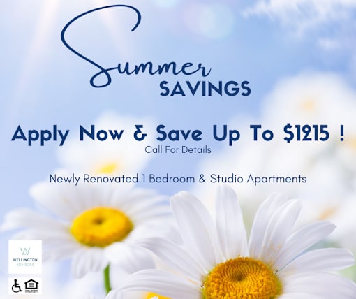 A promotional image for summer savings at Wellington Advisors, featuring a daisy and a sky background.