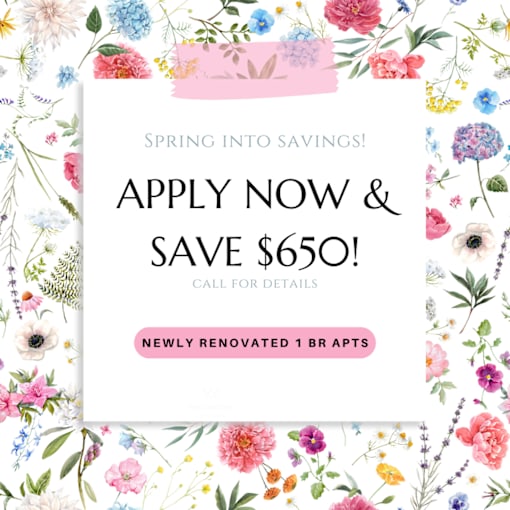 Spring into savings with a $650 discount on a newly renovated 1 BR apartment.