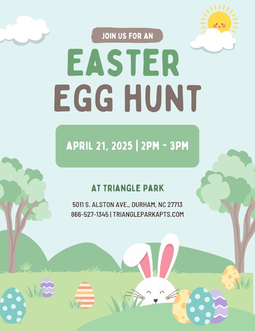 An Easter egg hunt is advertised to take place on April 21, 2025, from 2 PM to 3 PM at Triangle Park.