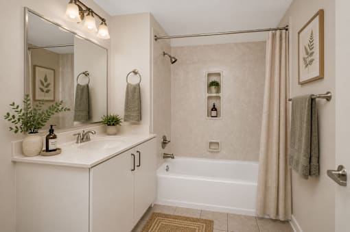 A bathroom with a white tub and a white sink.