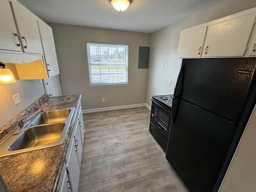 A kitchen with a black refrigerator, sink, and cabinets.