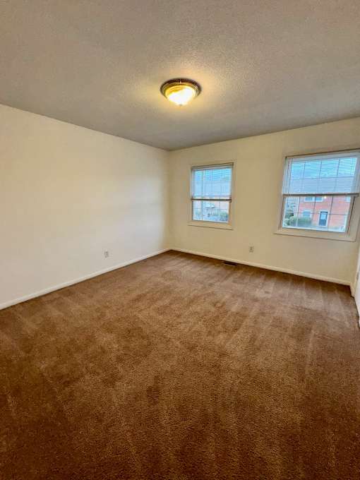 A room with brown carpet and two windows.