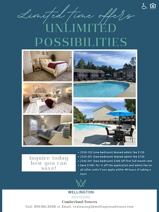 A flyer advertising limited time offers on unlimited possibilities with images of a bedroom, pool, and outdoor seating area.