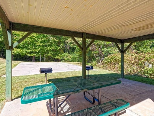 a picnic table under a pavilion in a park