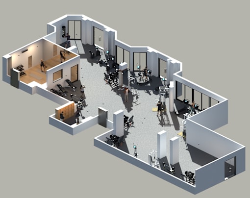 A 3D rendered image of a house interior with a kitchen, living room, and gym.
