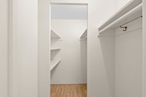 a room with white walls and a closet with shelves