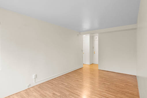 a living room with white walls and wood floors