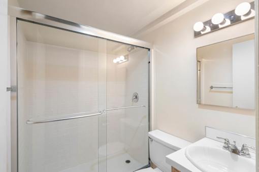 a bathroom with a shower and a sink and a toilet