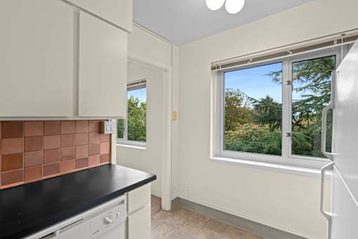 a kitchen with a sink and a window