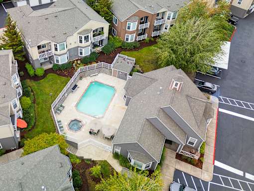 Aerial Pool View at Oriel Apartments, Portland, Oregon