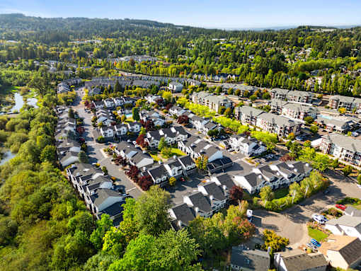 an aerial view of a neighborhood at Summer Creek Apartments, Tigard, OR, 97223